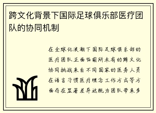跨文化背景下国际足球俱乐部医疗团队的协同机制