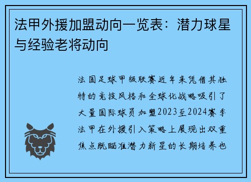 法甲外援加盟动向一览表：潜力球星与经验老将动向