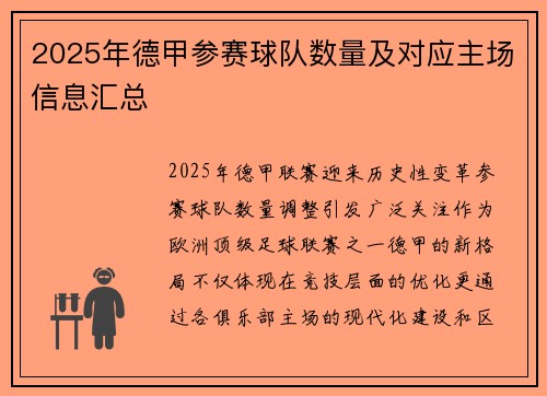 2025年德甲参赛球队数量及对应主场信息汇总