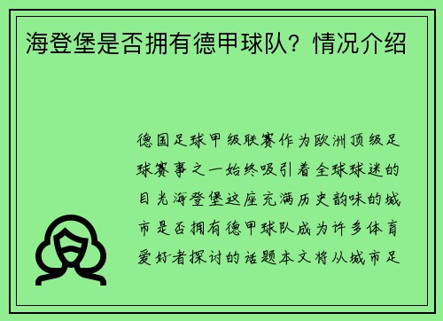 海登堡是否拥有德甲球队？情况介绍